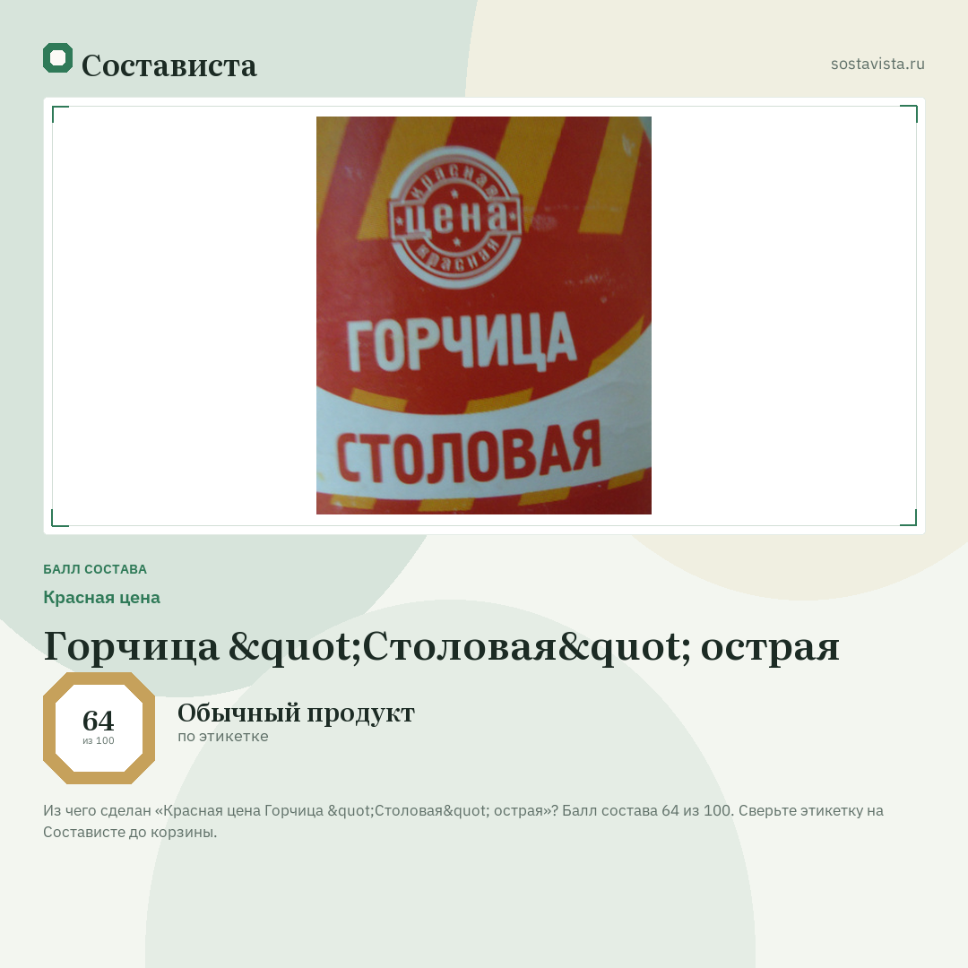 Красная цена Горчица "Столовая" острая: балл состава 64 из 100 — Состависта