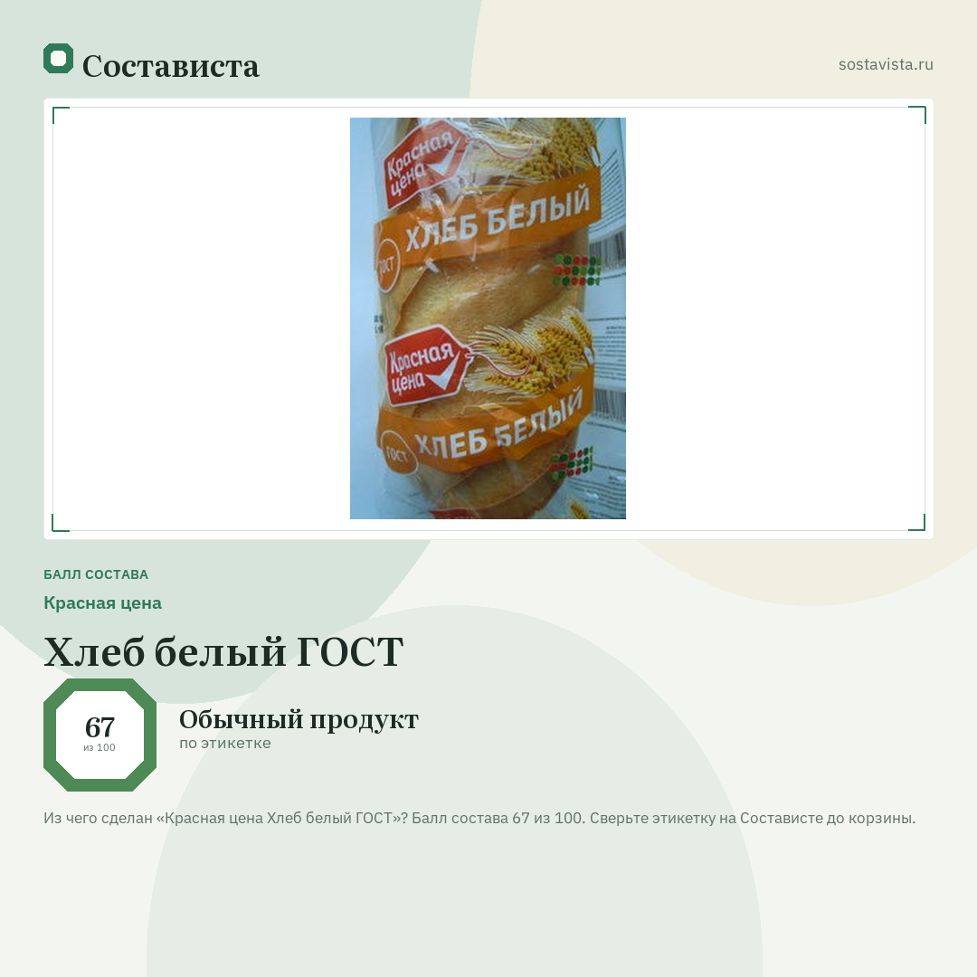 Красная цена Хлеб белый ГОСТ: балл состава 67 из 100 — Состависта