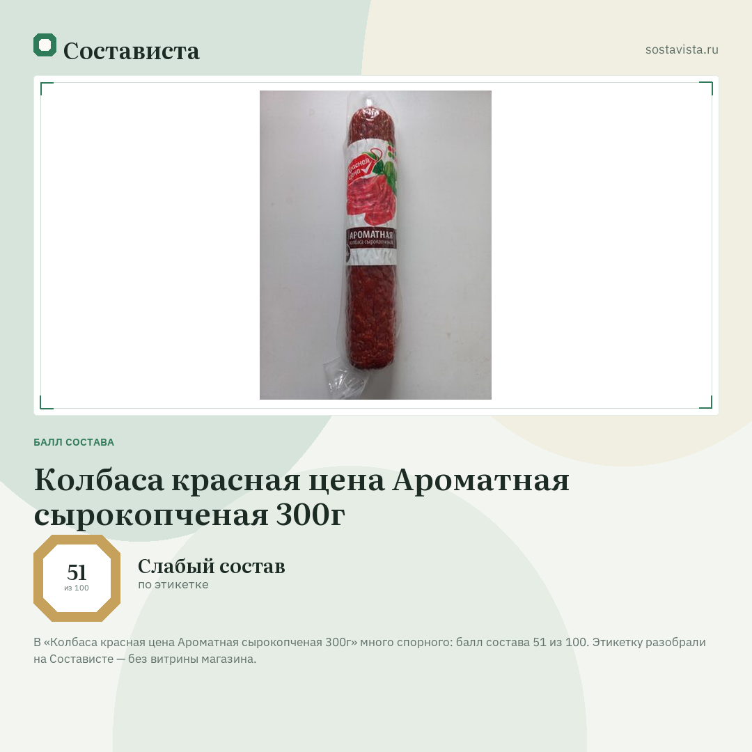 Колбаса красная цена Ароматная сырокопченая 300г: балл состава 51 из 100 — Состависта