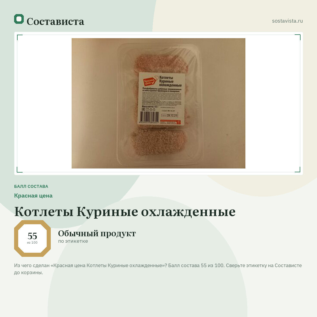 Красная цена Котлеты Куриные охлажденные: балл состава 55 из 100 — Состависта