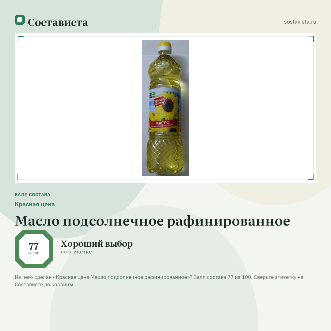 Красная цена Масло подсолнечное рафинированное: балл состава 77 из 100 — Состависта