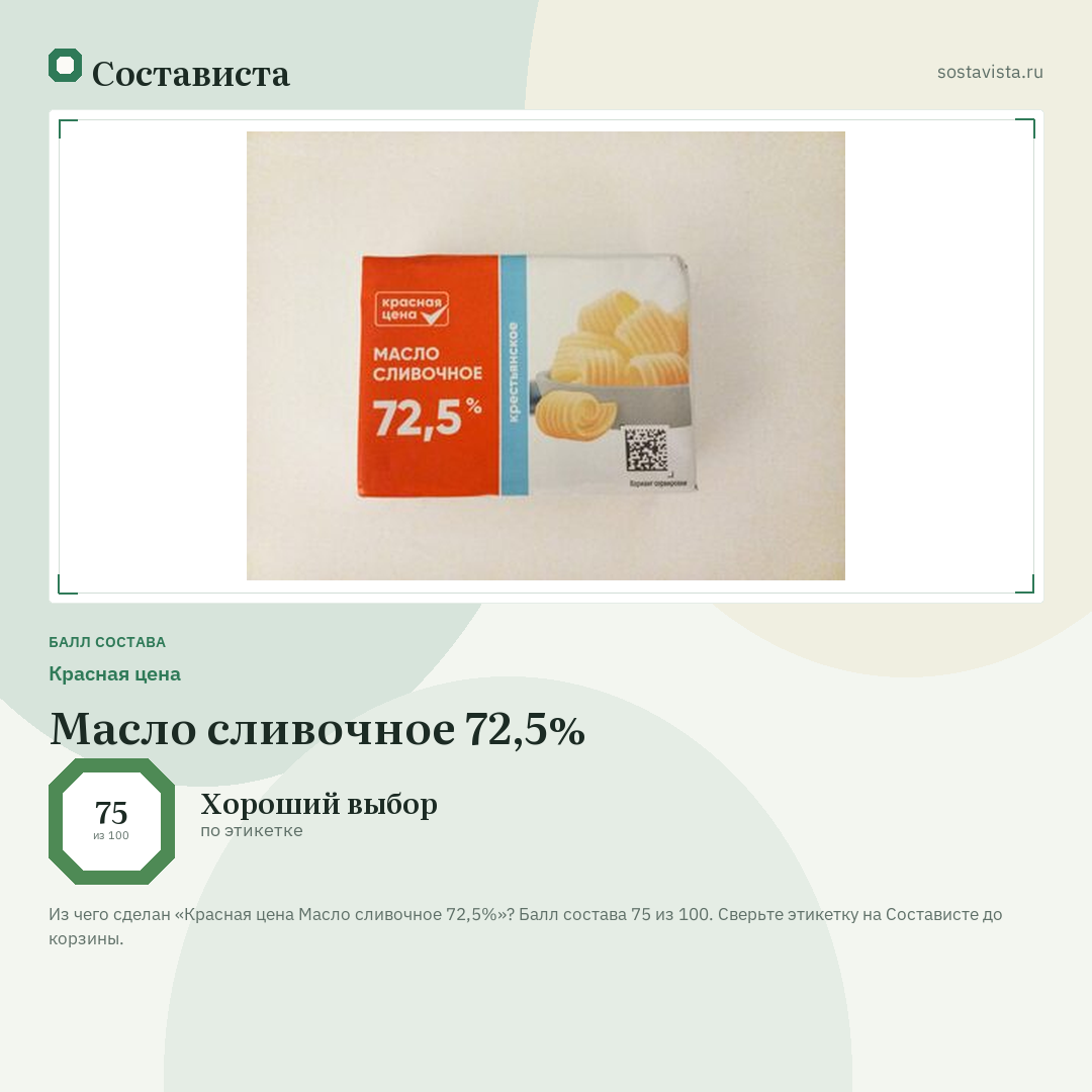 Красная цена Масло сливочное 72,5%: балл состава 75 из 100 — Состависта