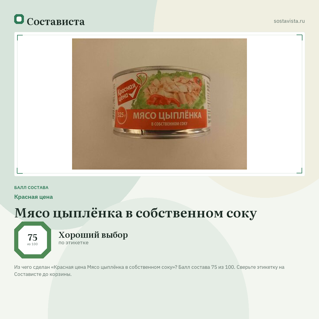Красная цена Мясо цыплёнка в собственном соку: балл состава 75 из 100 — Состависта
