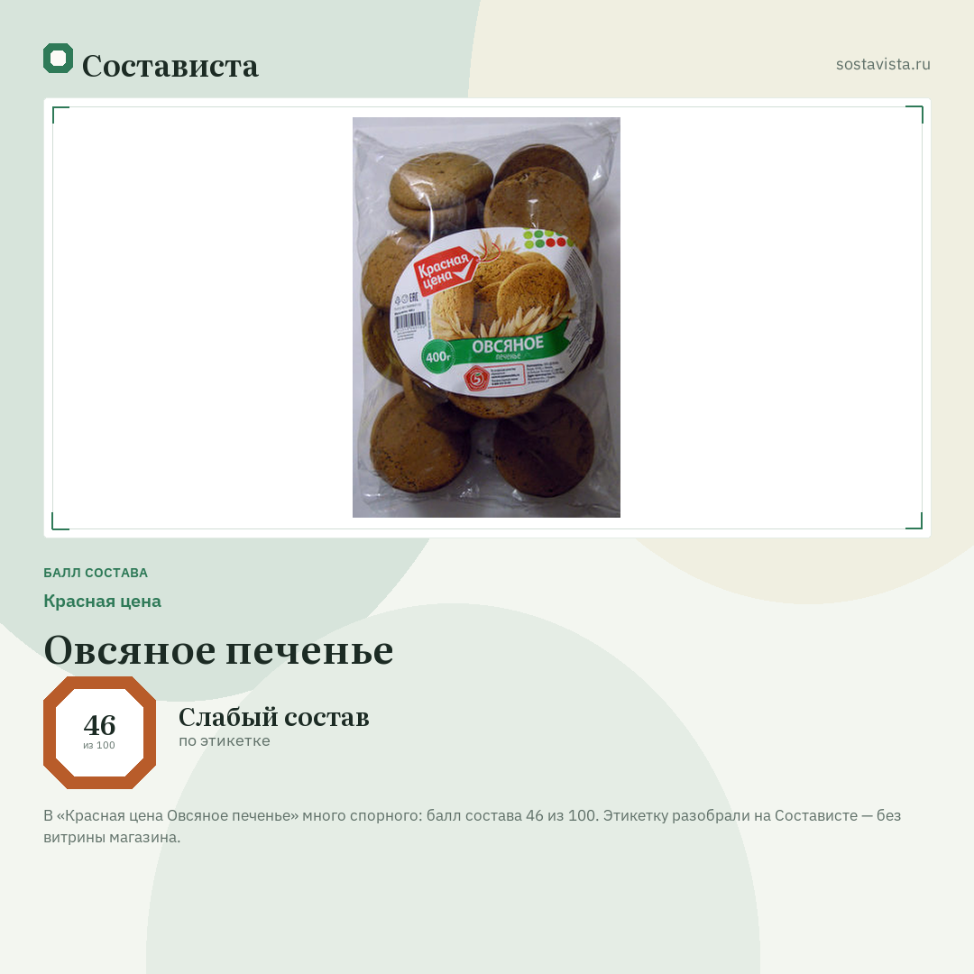 Красная цена Овсяное печенье: балл состава 46 из 100 — Состависта