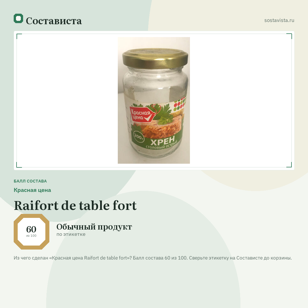 Красная цена Raifort de table fort: балл состава 60 из 100 — Состависта