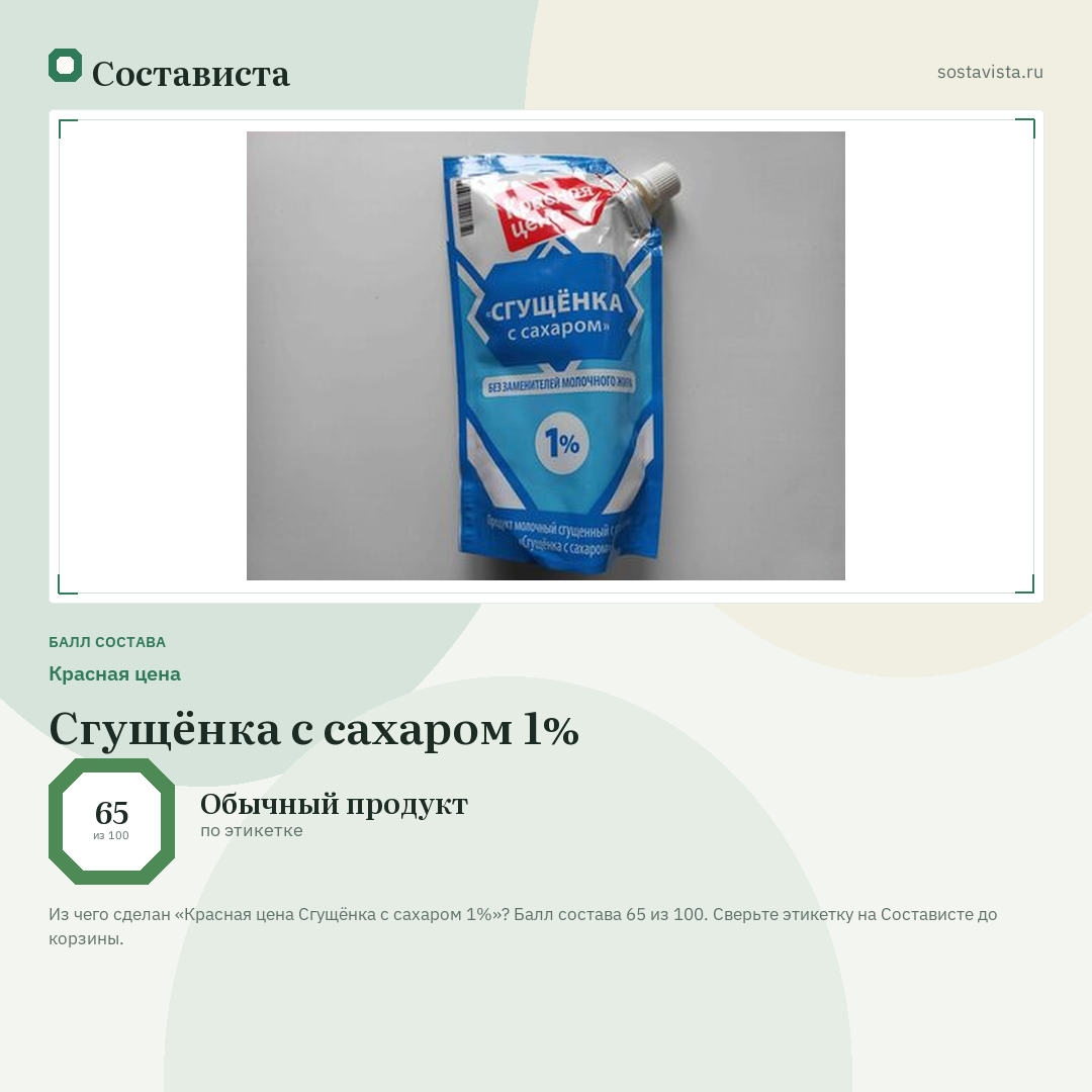 Красная цена Сгущёнка с сахаром 1%: балл состава 65 из 100 — Состависта