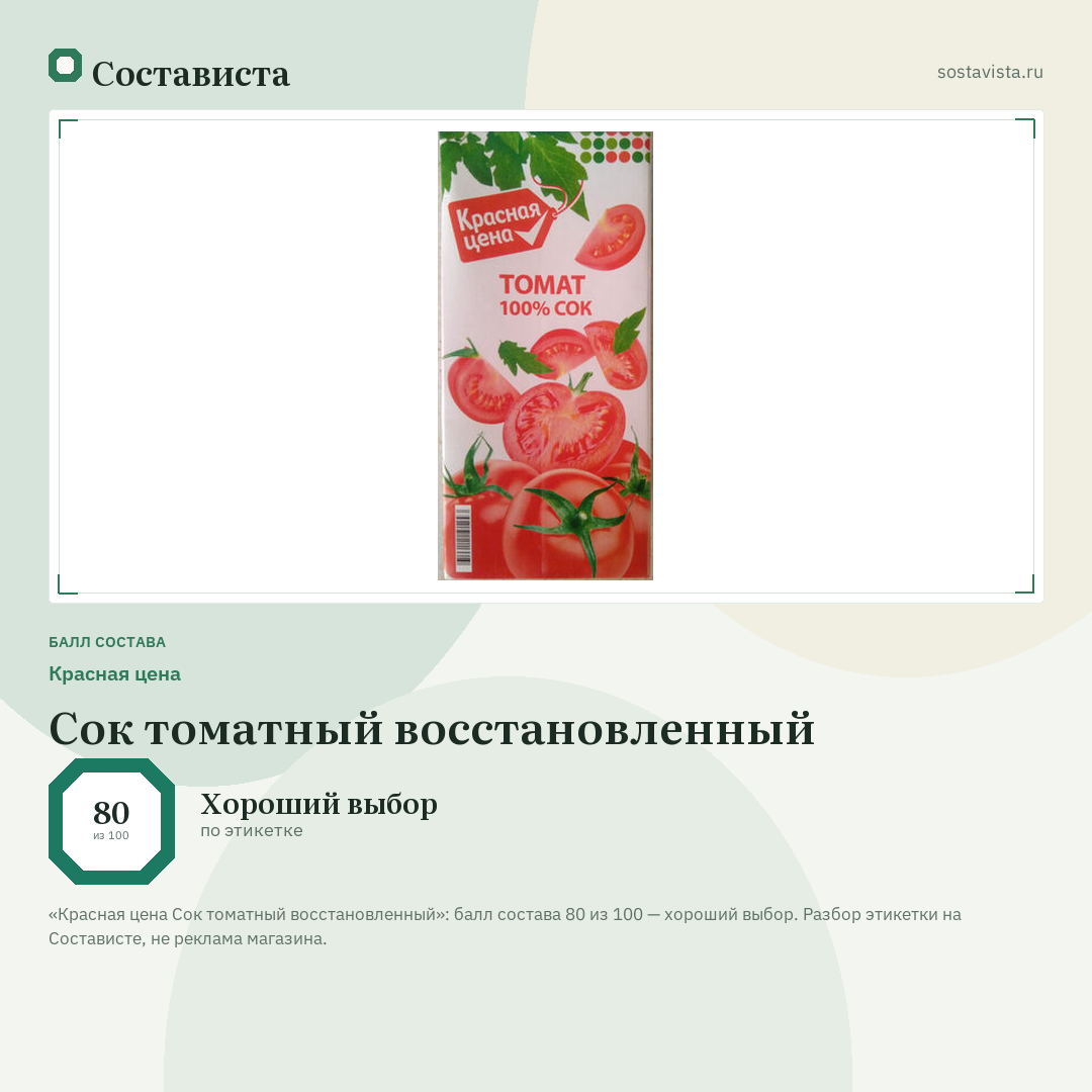 Красная цена Сок томатный восстановленный: балл состава 80 из 100 — Состависта