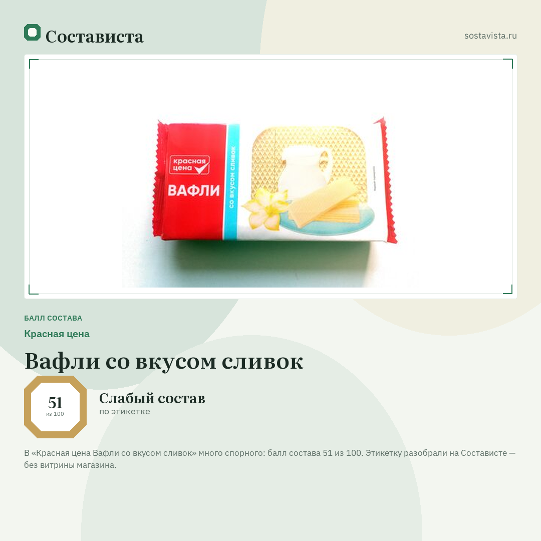 Красная цена Вафли со вкусом сливок: балл состава 51 из 100 — Состависта