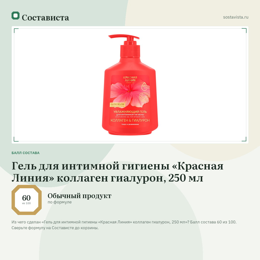 Гель для интимной гигиены «Красная Линия» коллаген гиалурон, 250 мл: балл состава 60 из 100 — Состависта