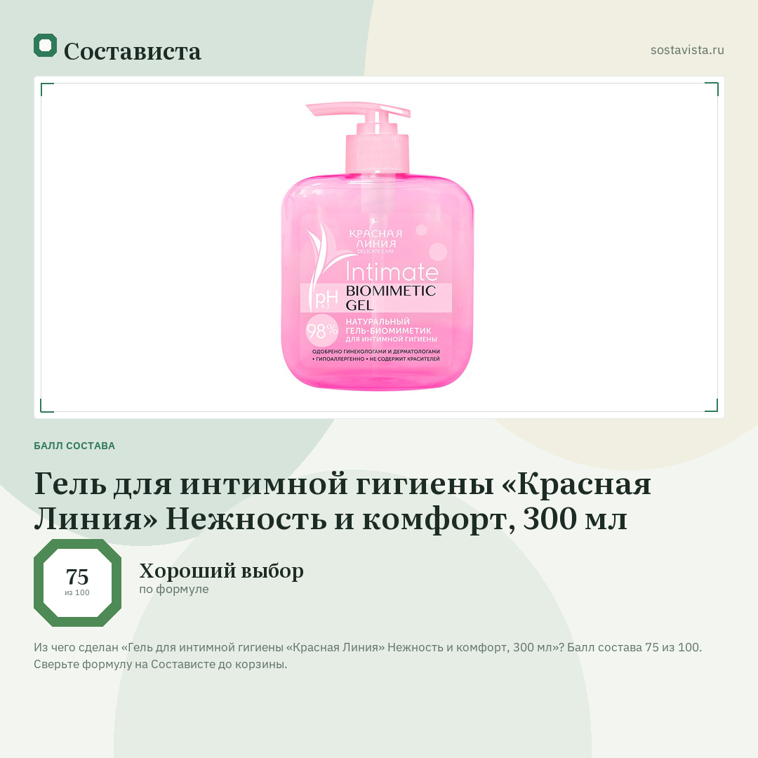 Гель для интимной гигиены «Красная Линия» Нежность и комфорт, 300 мл: балл состава 75 из 100 — Состависта