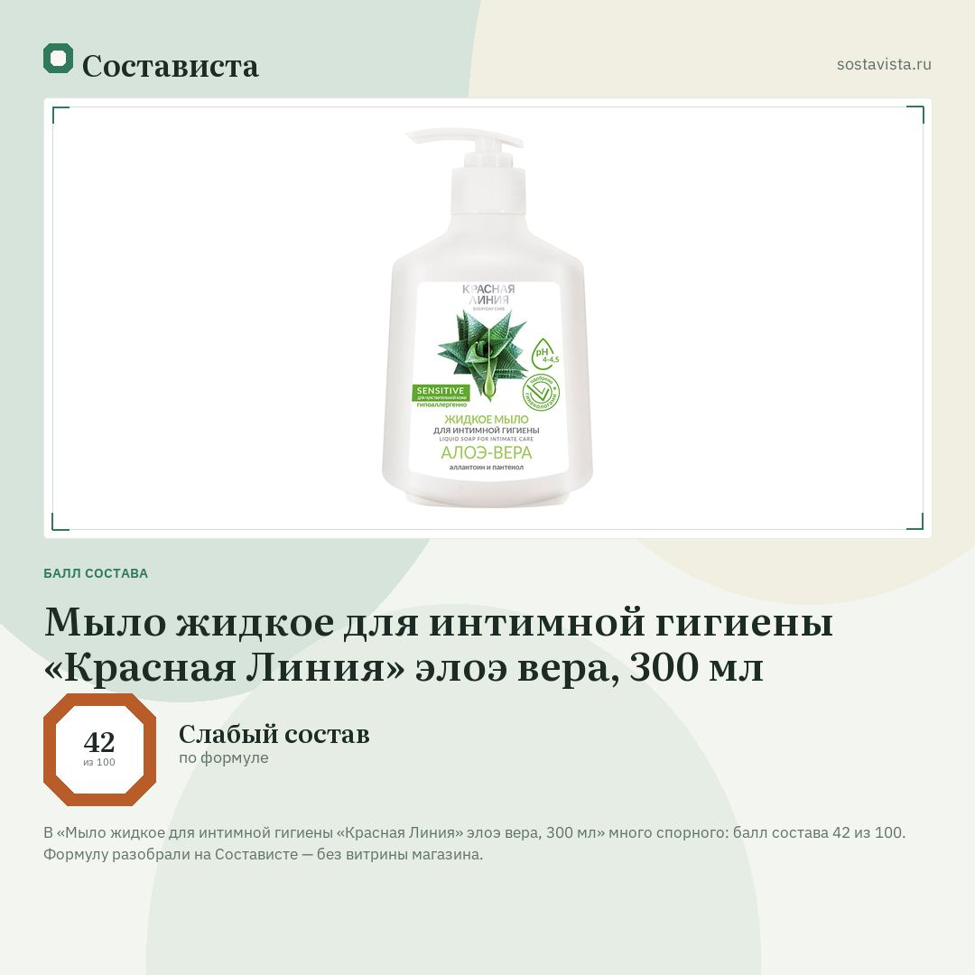 Мыло жидкое для интимной гигиены «Красная Линия» элоэ вера, 300 мл: балл состава 42 из 100 — Состависта