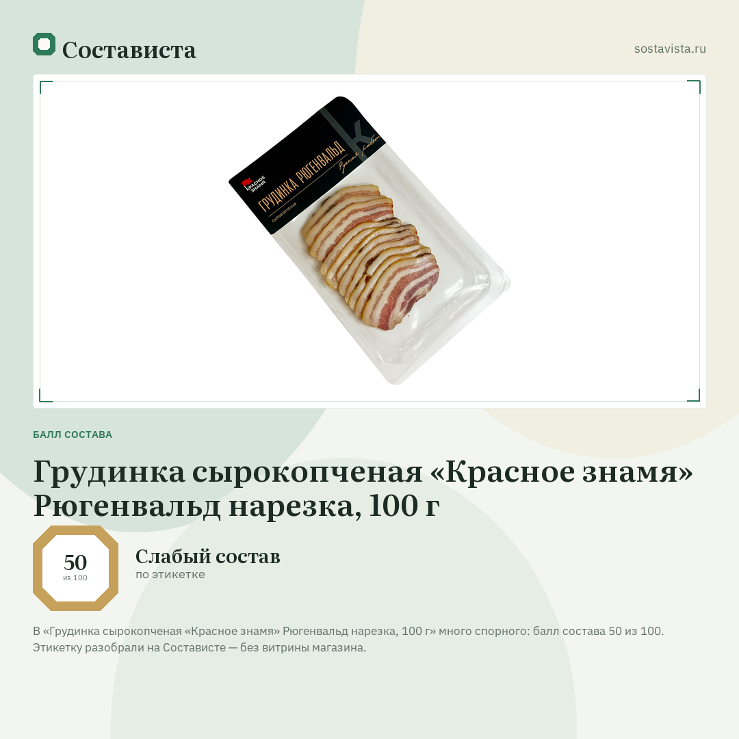 Грудинка сырокопченая «Красное знамя» Рюгенвальд нарезка, 100 г: балл состава 50 из 100 — Состависта