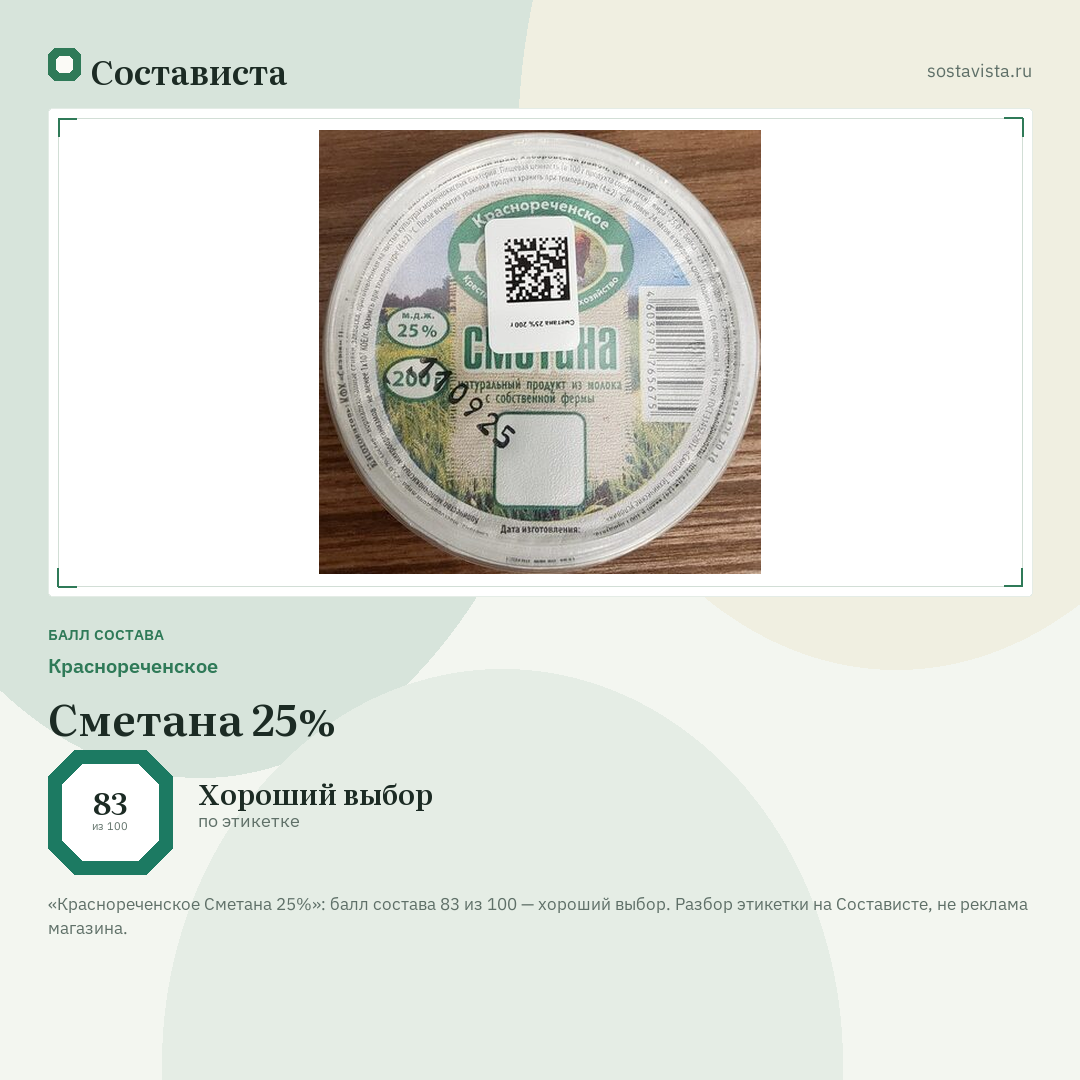 Краснореченское Сметана 25%: балл состава 83 из 100 — Состависта