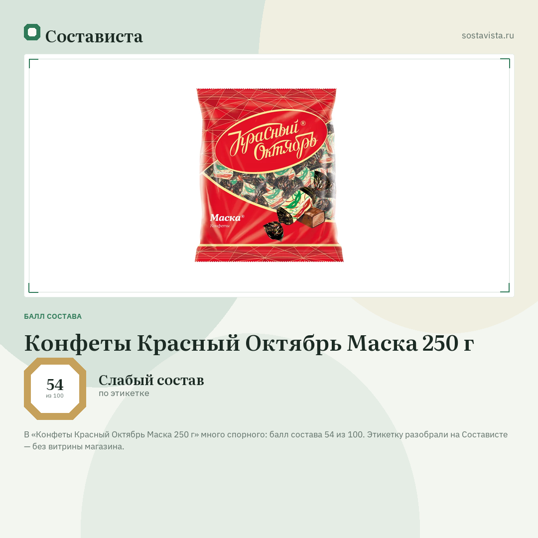 Конфеты Красный Октябрь Маска 250 г: балл состава 54 из 100 — Состависта