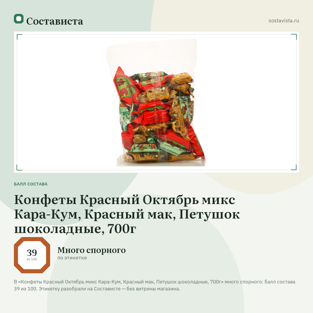 Конфеты Красный Октябрь микс Кара-Кум, Красный мак, Петушок шоколадные, 700г: балл состава 39 из 100 — Состависта