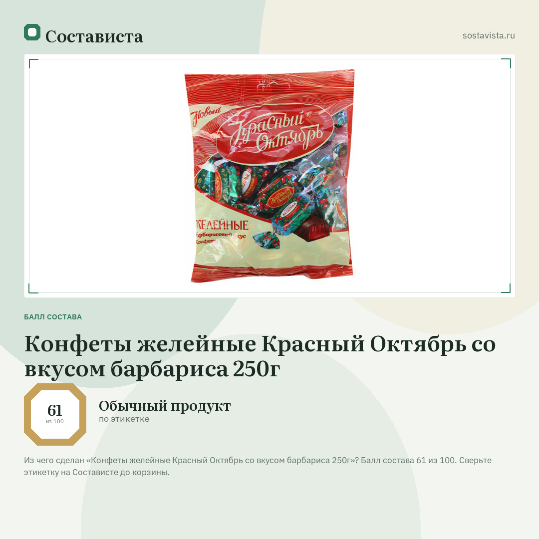 Конфеты желейные Красный Октябрь со вкусом барбариса 250г: балл состава 61 из 100 — Состависта