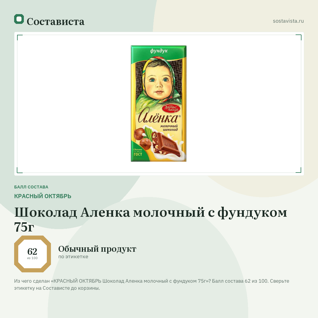 КРАСНЫЙ ОКТЯБРЬ Шоколад Аленка молочный с фундуком 75г: балл состава 62 из 100 — Состависта