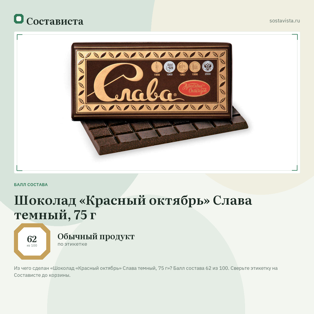 Шоколад «Красный октябрь» Слава темный, 75 г: балл состава 62 из 100 — Состависта