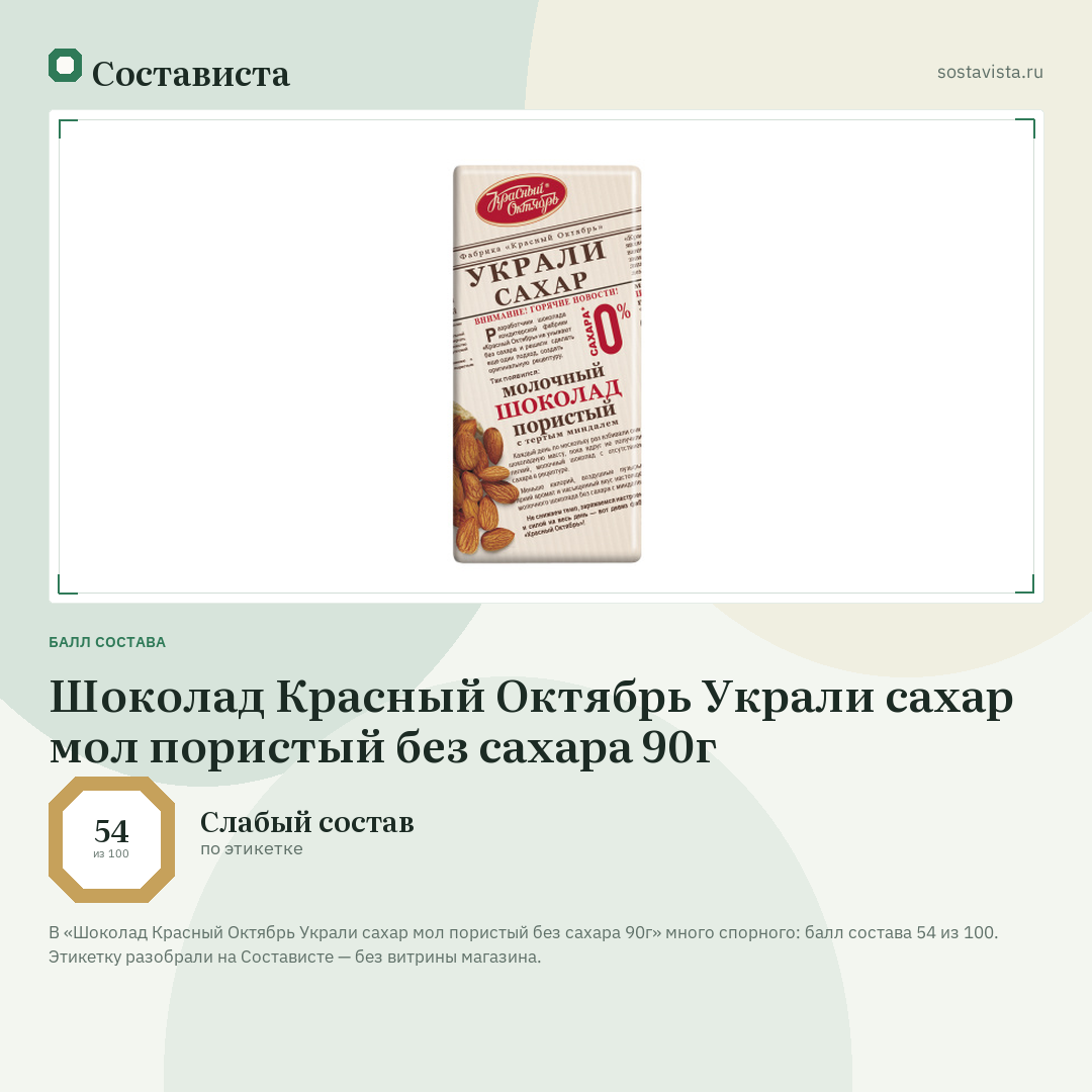 Шоколад Красный Октябрь Украли сахар мол пористый без сахара 90г: балл состава 54 из 100 — Состависта