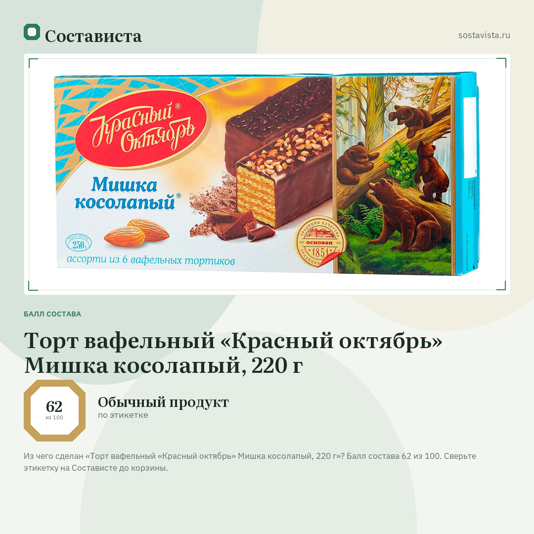 Торт вафельный «Красный октябрь» Мишка косолапый, 220 г: балл состава 62 из 100 — Состависта
