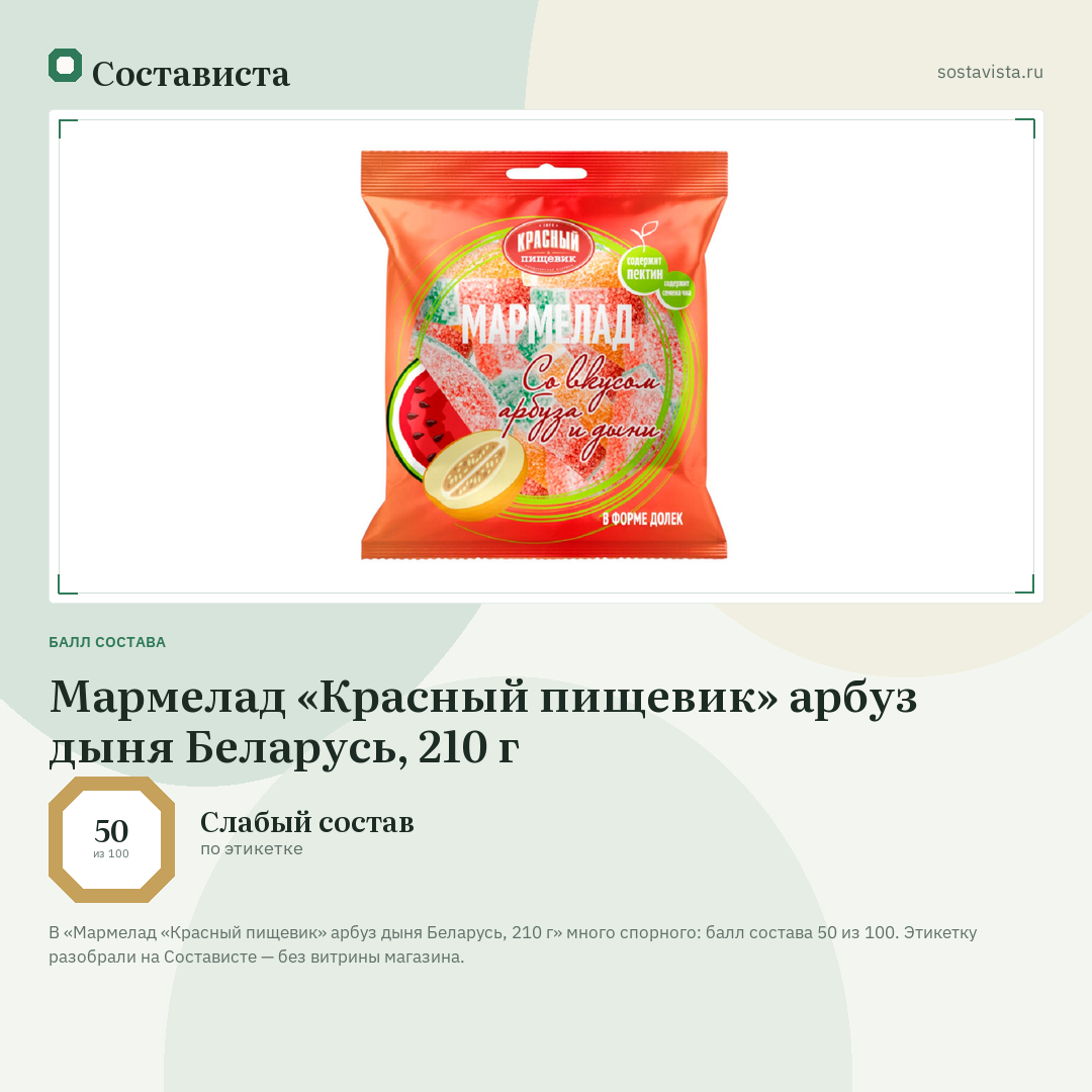 Мармелад «Красный пищевик» арбуз дыня Беларусь, 210 г: балл состава 50 из 100 — Состависта