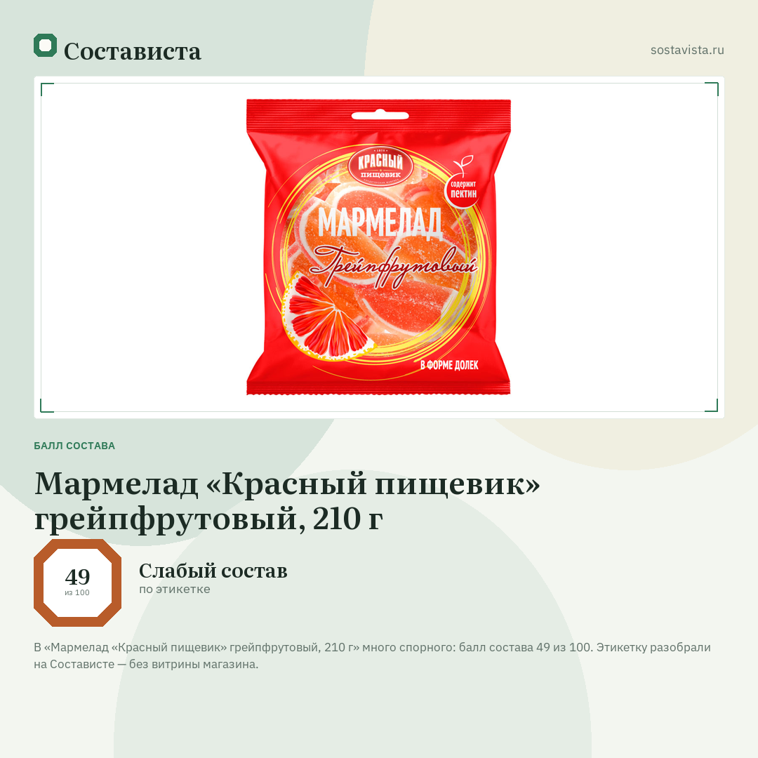 Мармелад «Красный пищевик» грейпфрутовый, 210 г: балл состава 49 из 100 — Состависта