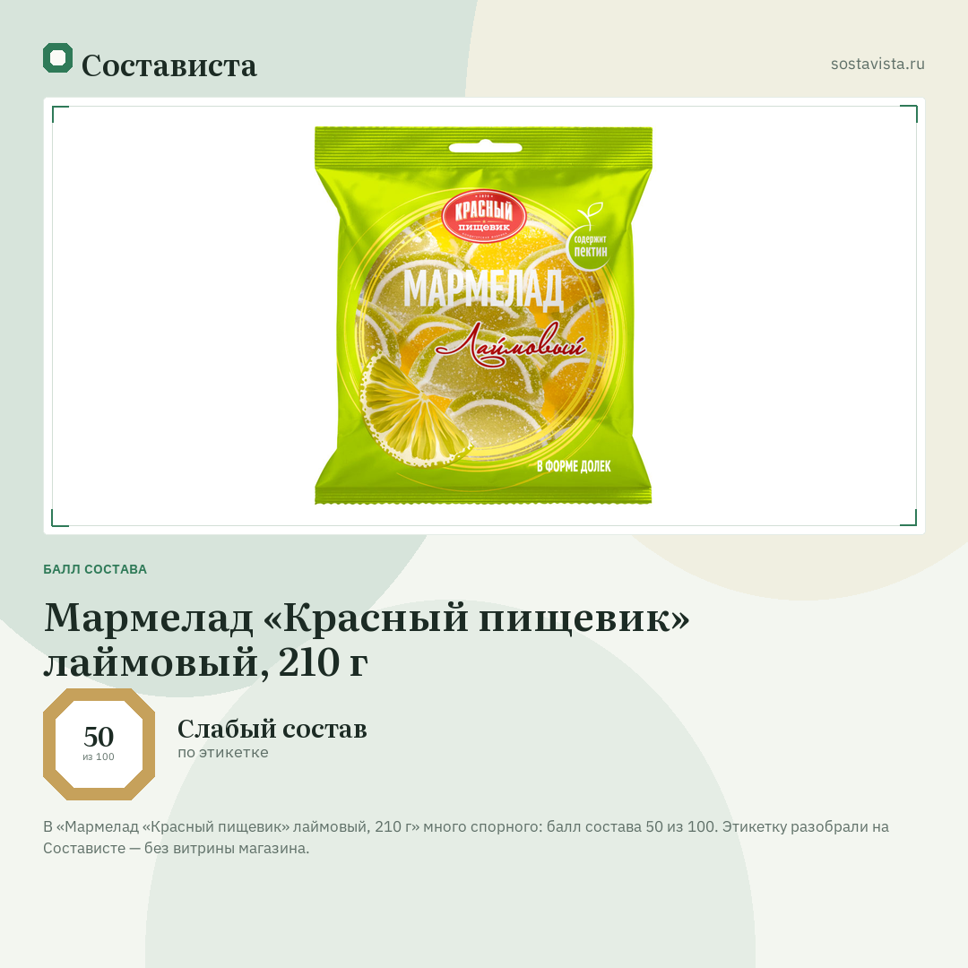 Мармелад «Красный пищевик» лаймовый, 210 г: балл состава 50 из 100 — Состависта