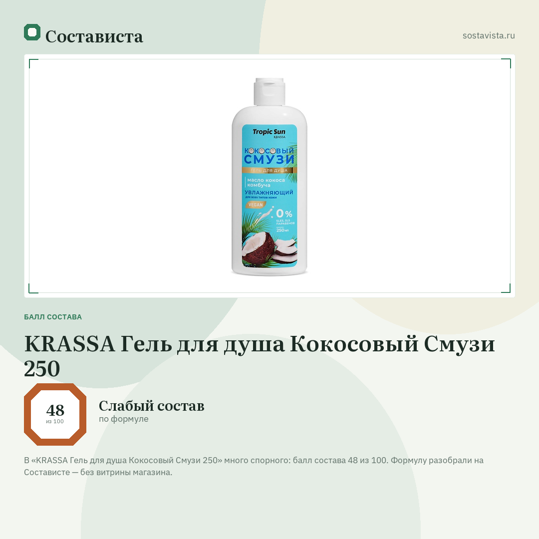 KRASSA Гель для душа Кокосовый Смузи 250: балл состава 48 из 100 — Состависта