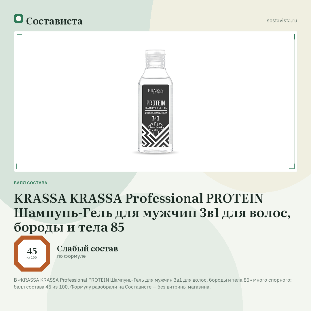 KRASSA KRASSA Professional PROTEIN Шампунь-Гель для мужчин 3в1 для волос, бороды и тела 85: балл состава 45 из 100 — Состависта