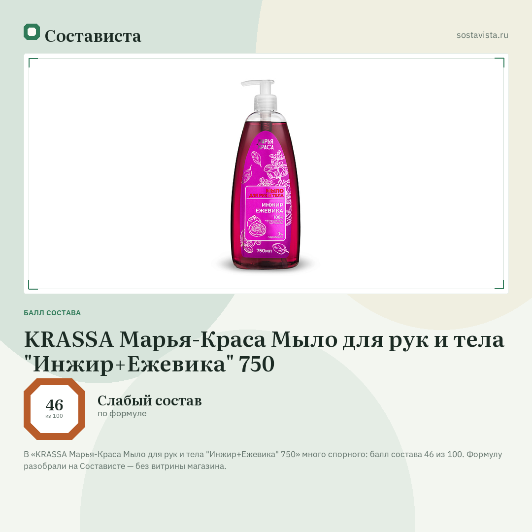 KRASSA Марья-Краса Мыло для рук и тела "Инжир+Ежевика" 750: балл состава 46 из 100 — Состависта