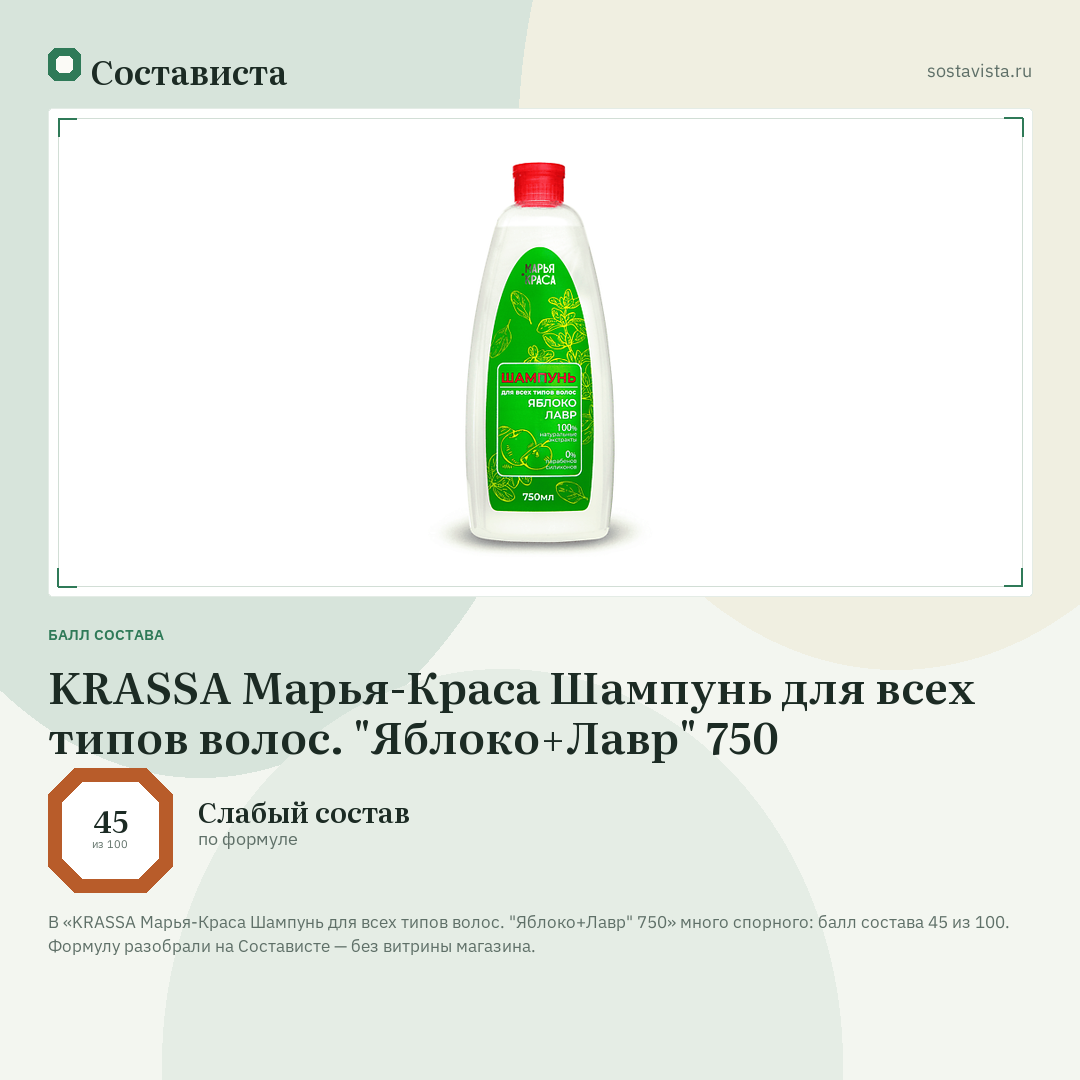 KRASSA Марья-Краса Шампунь для всех типов волос. "Яблоко+Лавр" 750: балл состава 45 из 100 — Состависта