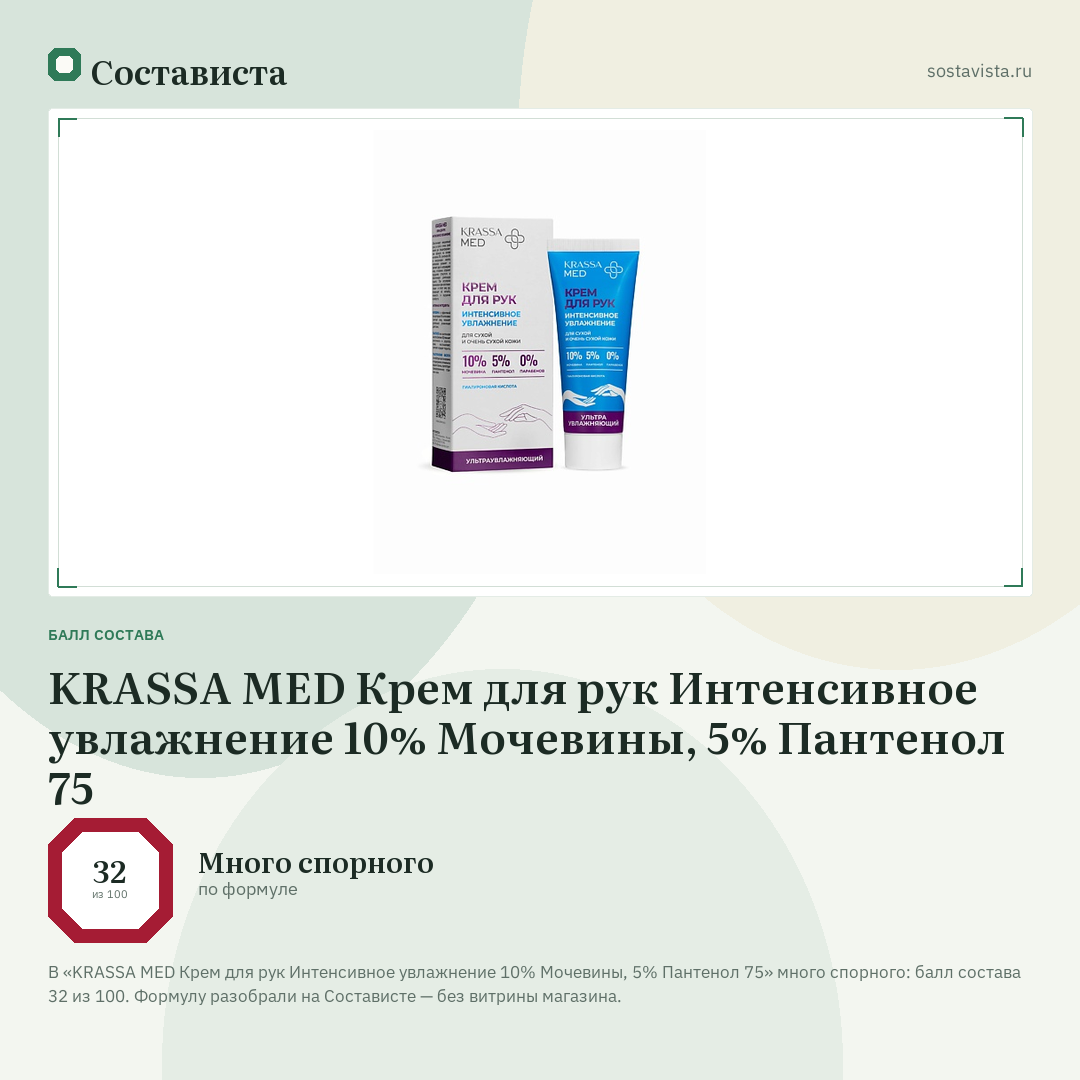 KRASSA MED Крем для рук Интенсивное увлажнение 10% Мочевины, 5% Пантенол 75: балл состава 32 из 100 — Состависта
