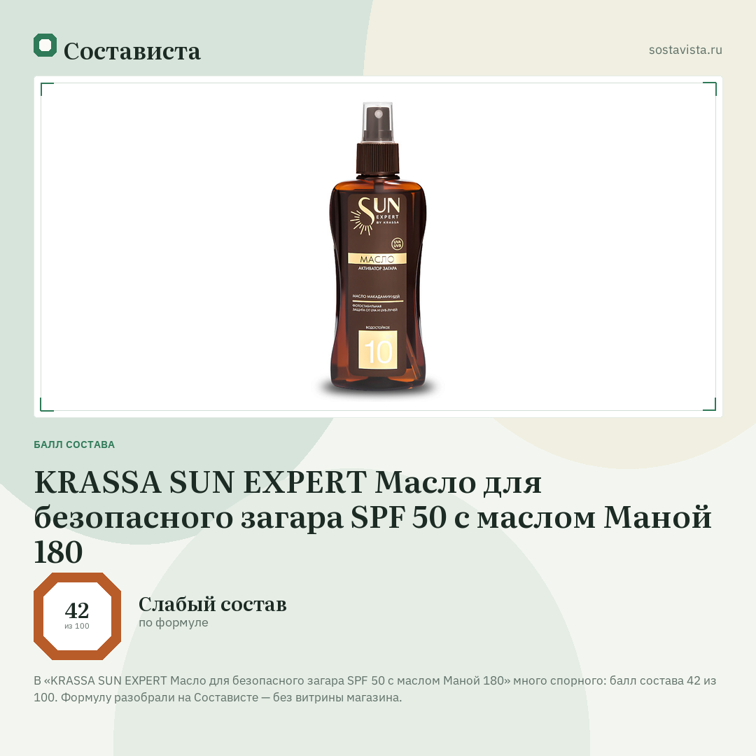 KRASSA SUN EXPERT Масло для безопасного загара SPF 50 с маслом Маной 180: балл состава 42 из 100 — Состависта