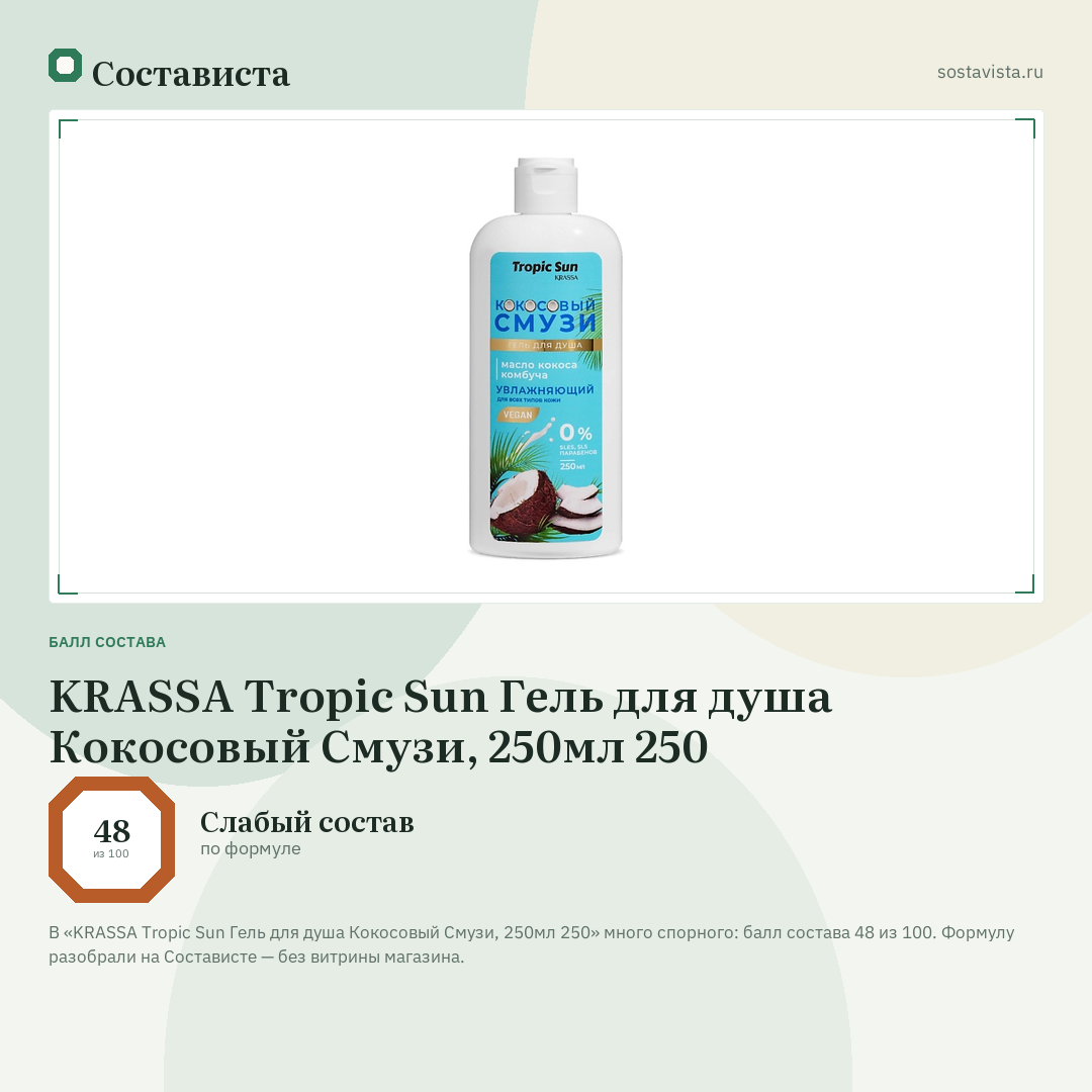 KRASSA Tropic Sun Гель для душа Кокосовый Смузи, 250мл 250: балл состава 48 из 100 — Состависта