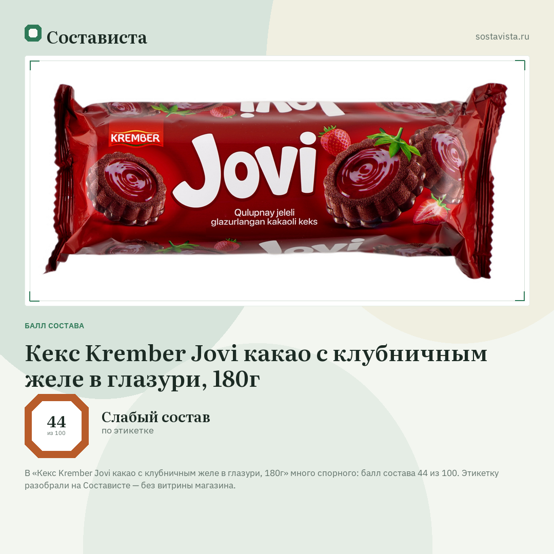 Кекс Krember Jovi какао с клубничным желе в глазури, 180г: балл состава 44 из 100 — Состависта