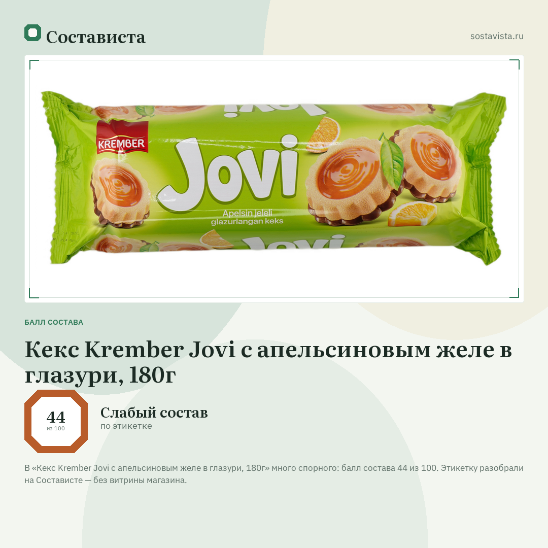 Кекс Krember Jovi с апельсиновым желе в глазури, 180г: балл состава 44 из 100 — Состависта