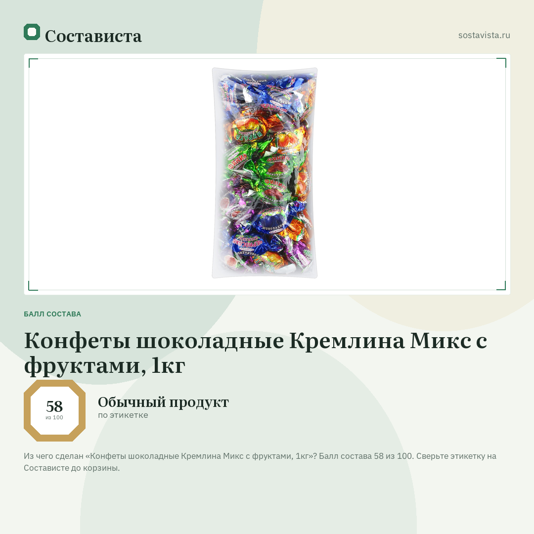 Конфеты шоколадные Кремлина Микс с фруктами, 1кг: балл состава 58 из 100 — Состависта