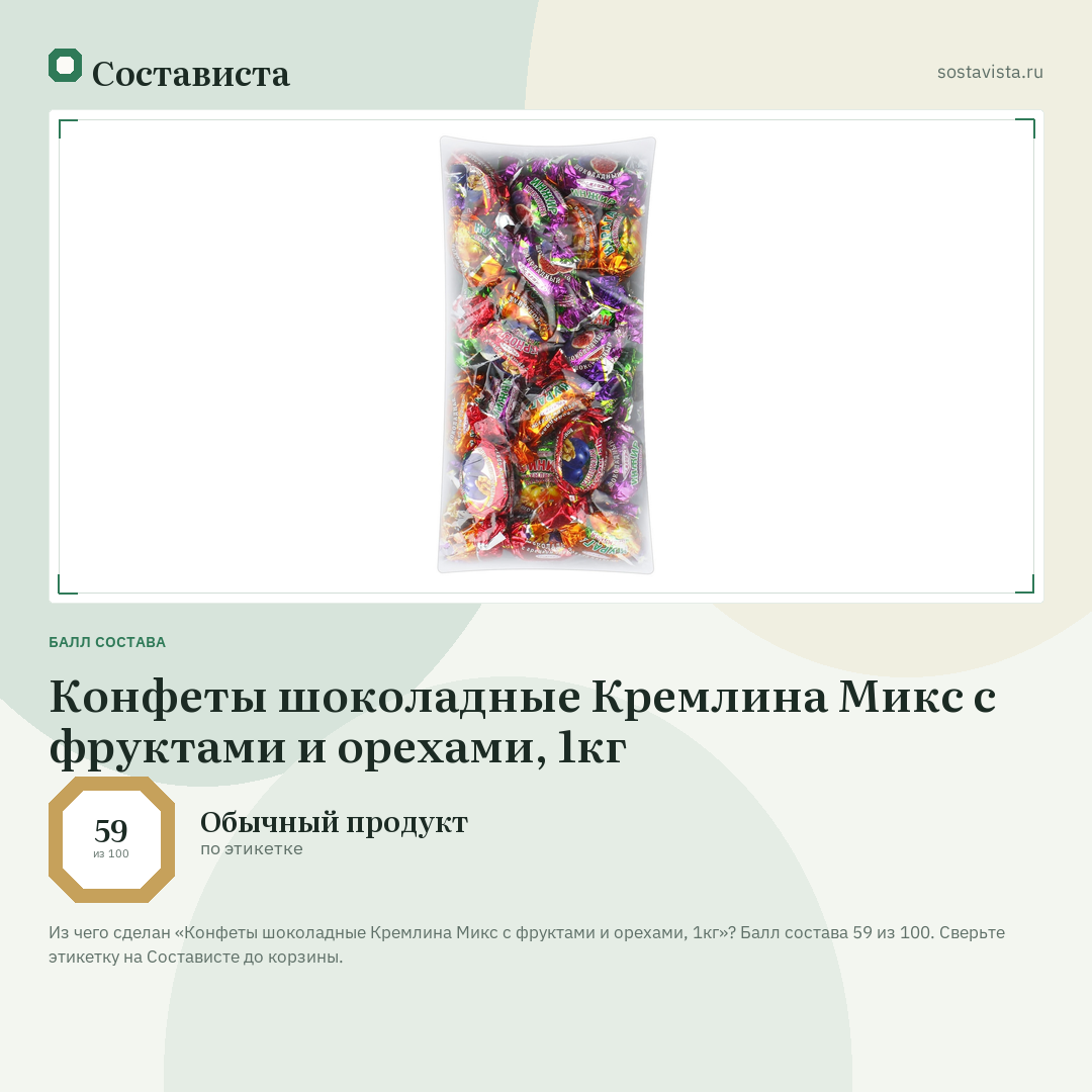 Конфеты шоколадные Кремлина Микс с фруктами и орехами, 1кг: балл состава 59 из 100 — Состависта