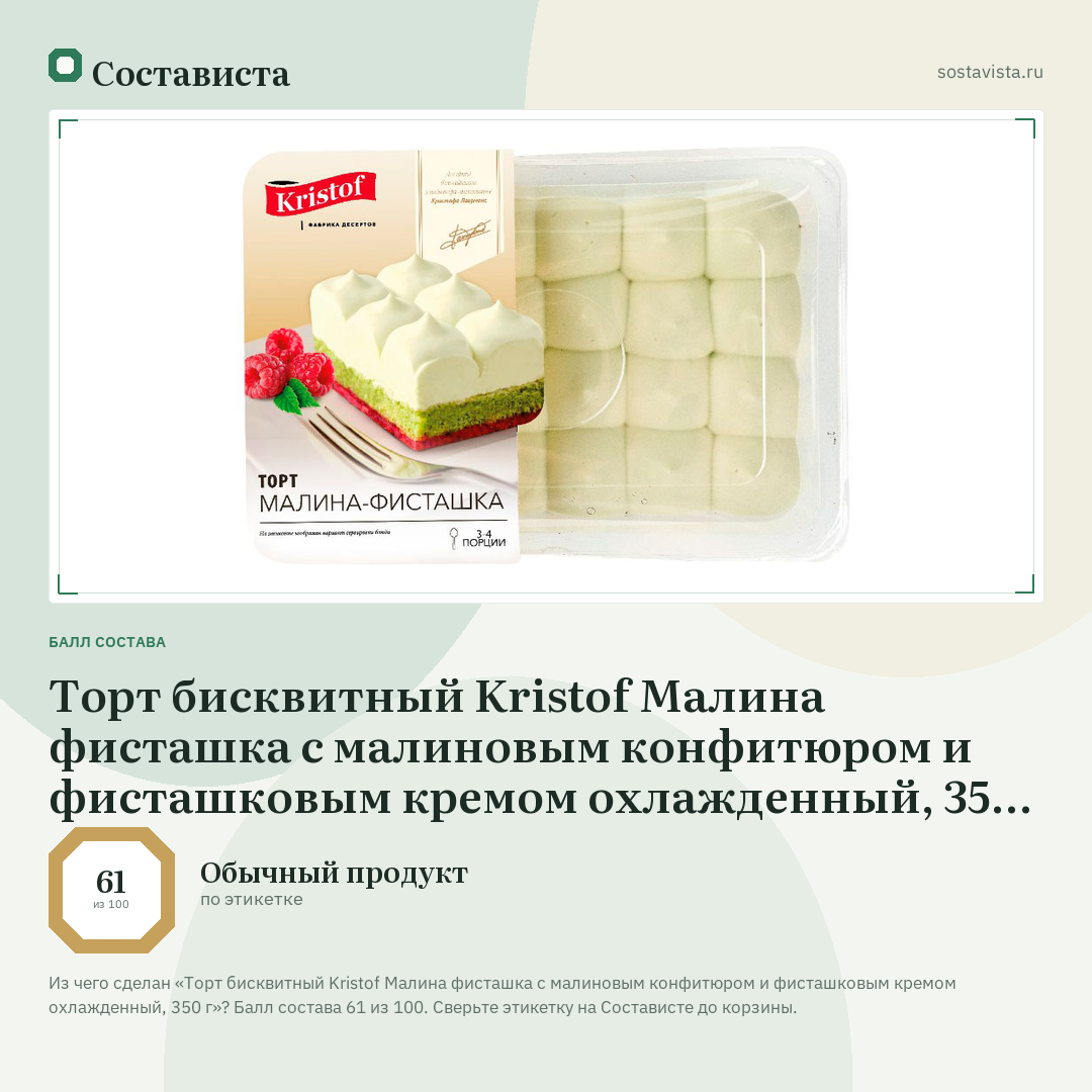 Торт бисквитный Kristof Малина фисташка с малиновым конфитюром и фисташковым кремом охлажденный, 350 г: балл состава 61 из 100 — Состависта