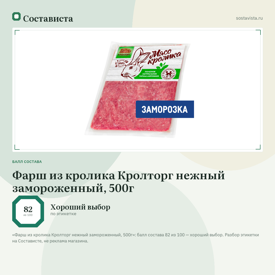 Фарш из кролика Кролторг нежный замороженный, 500г: балл состава 82 из 100 — Состависта