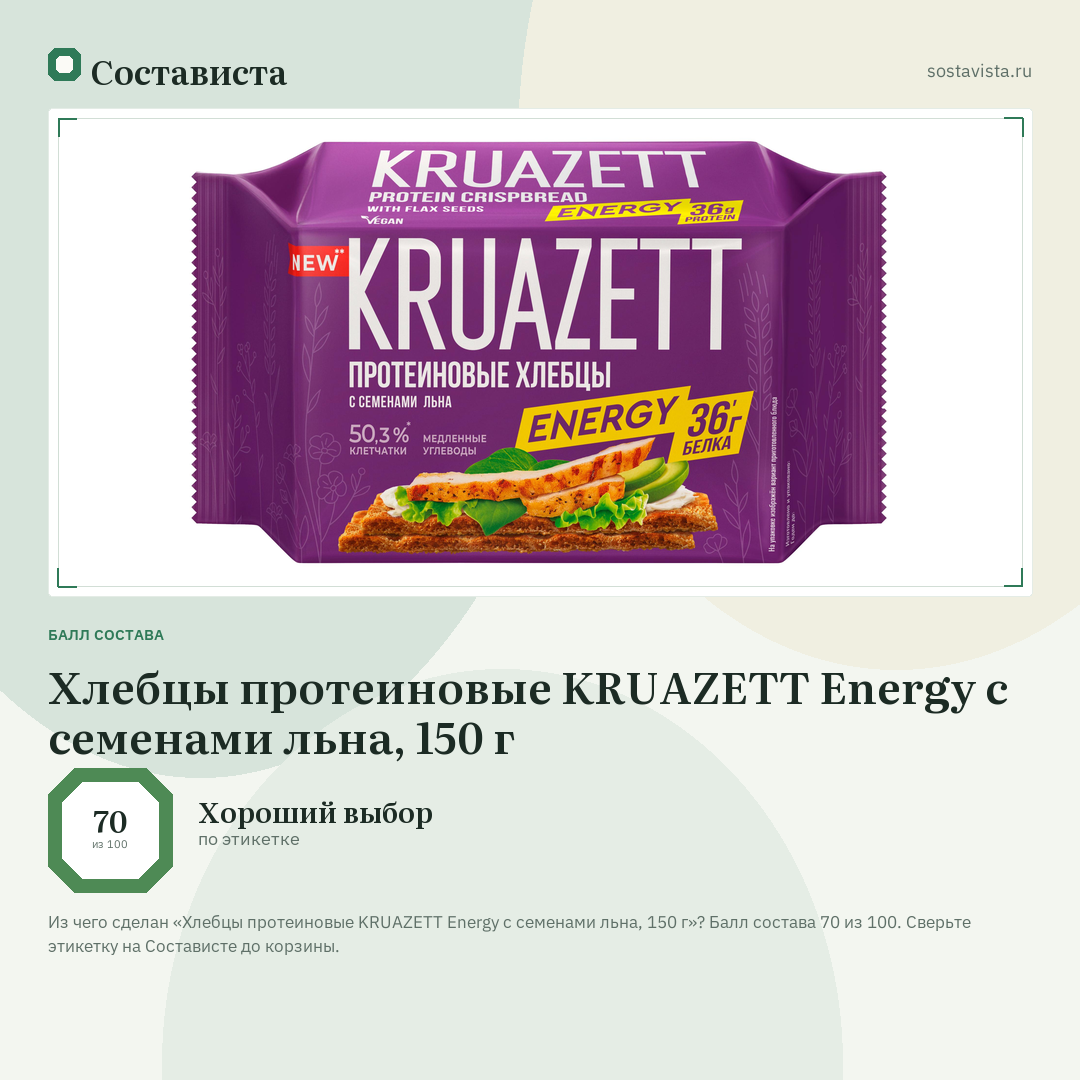 Хлебцы протеиновые KRUAZETT Energy с семенами льна, 150 г: балл состава 70 из 100 — Состависта