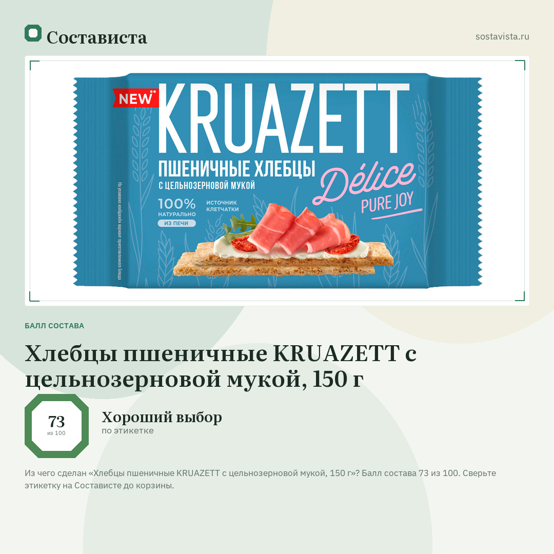 Хлебцы пшеничные KRUAZETT с цельнозерновой мукой, 150 г: балл состава 73 из 100 — Состависта