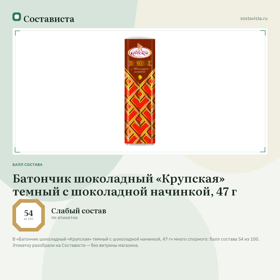 Батончик шоколадный «Крупская» темный с шоколадной начинкой, 47 г: балл состава 54 из 100 — Состависта