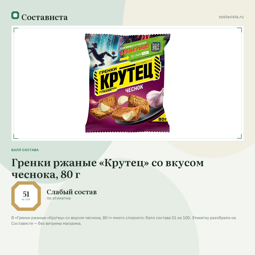 Гренки ржаные «Крутец» со вкусом чеснока, 80 г: балл состава 51 из 100 — Состависта