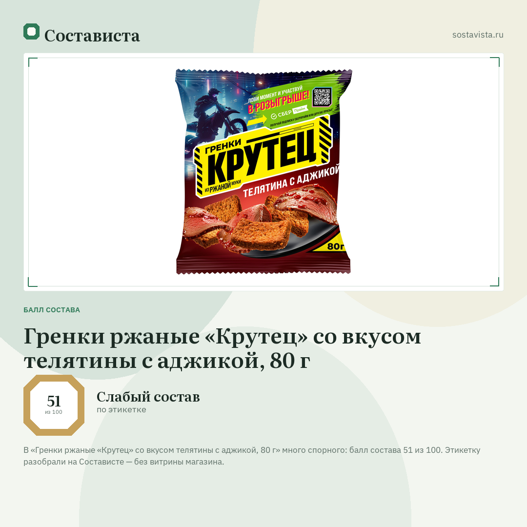 Гренки ржаные «Крутец» со вкусом телятины с аджикой, 80 г: балл состава 51 из 100 — Состависта