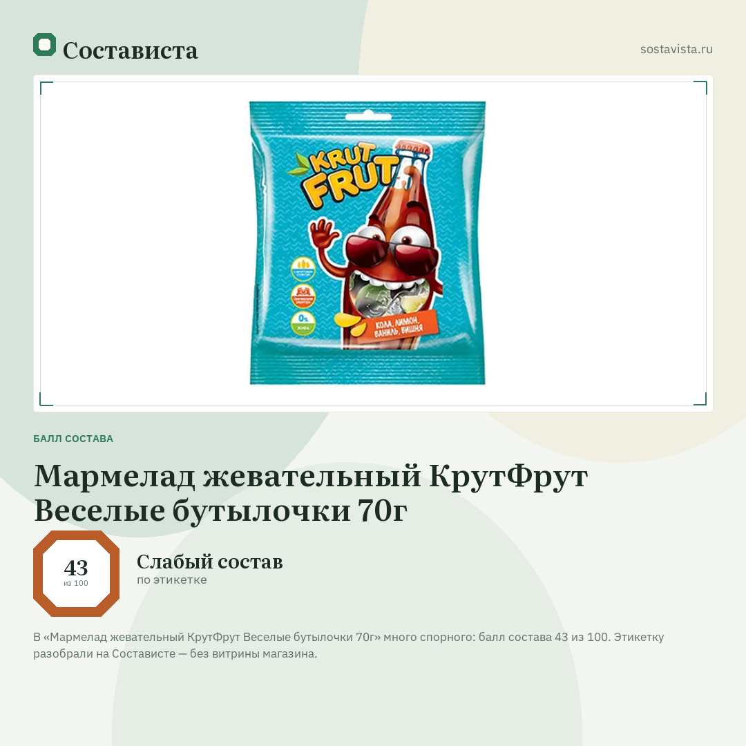 Мармелад жевательный КрутФрут Веселые бутылочки 70г: балл состава 43 из 100 — Состависта