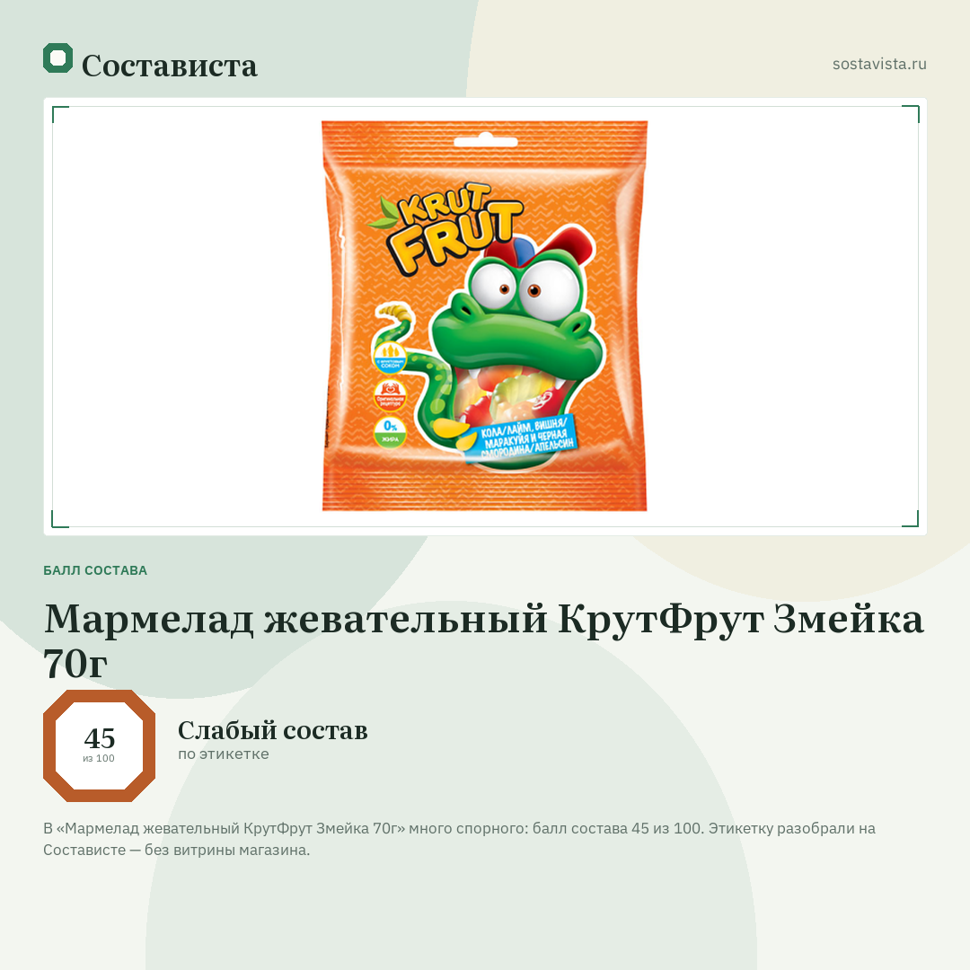 Мармелад жевательный КрутФрут Змейка 70г: балл состава 45 из 100 — Состависта