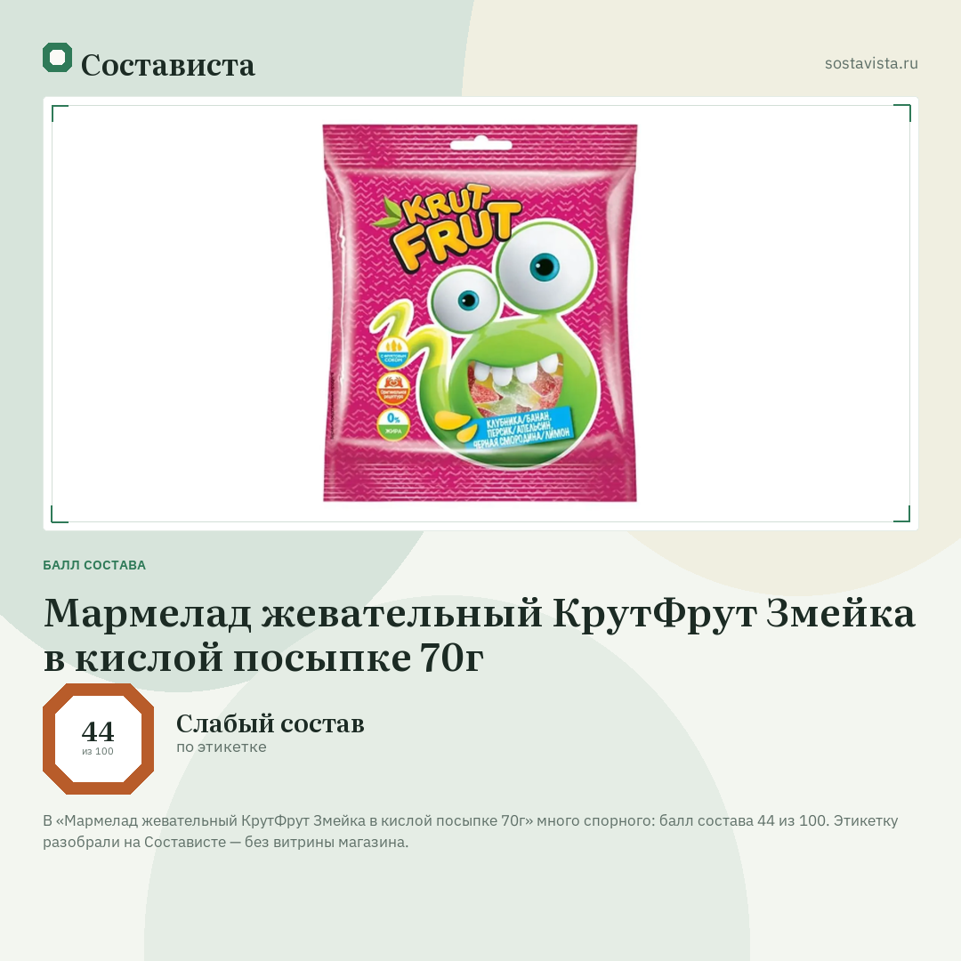 Мармелад жевательный КрутФрут Змейка в кислой посыпке 70г: балл состава 44 из 100 — Состависта