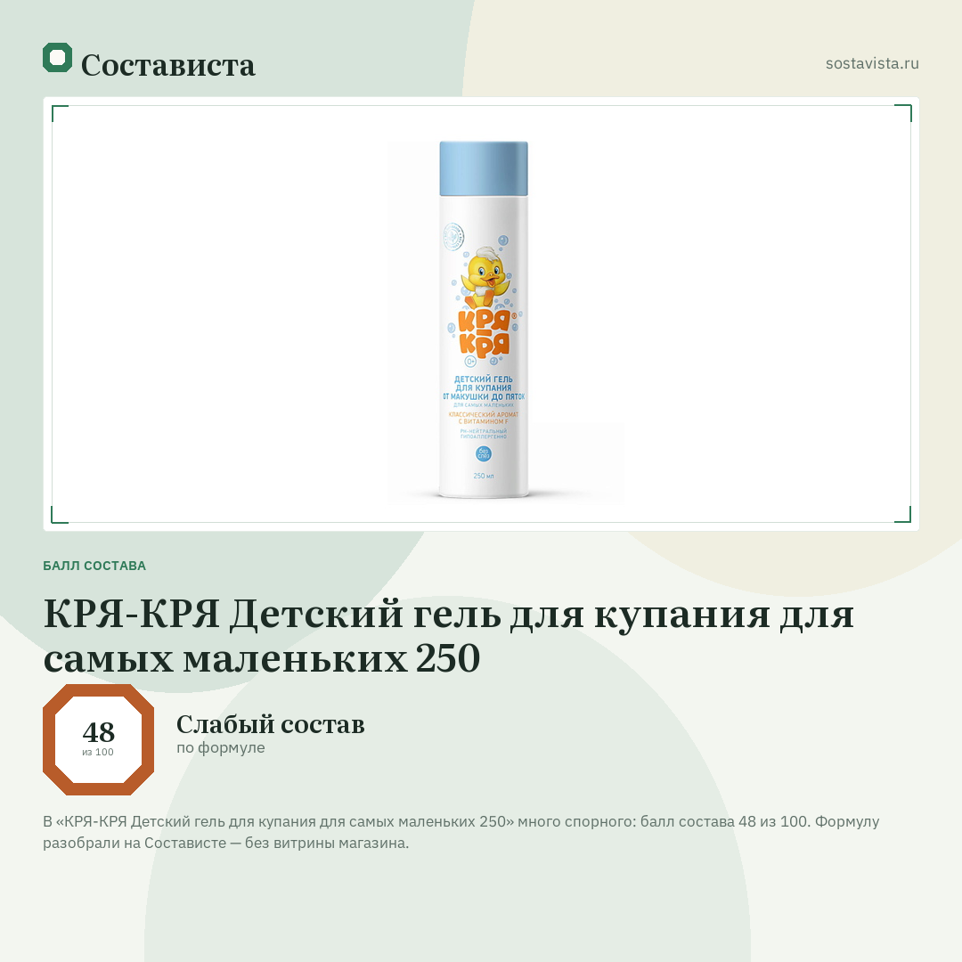 КРЯ-КРЯ Детский гель для купания для самых маленьких 250: балл состава 48 из 100 — Состависта