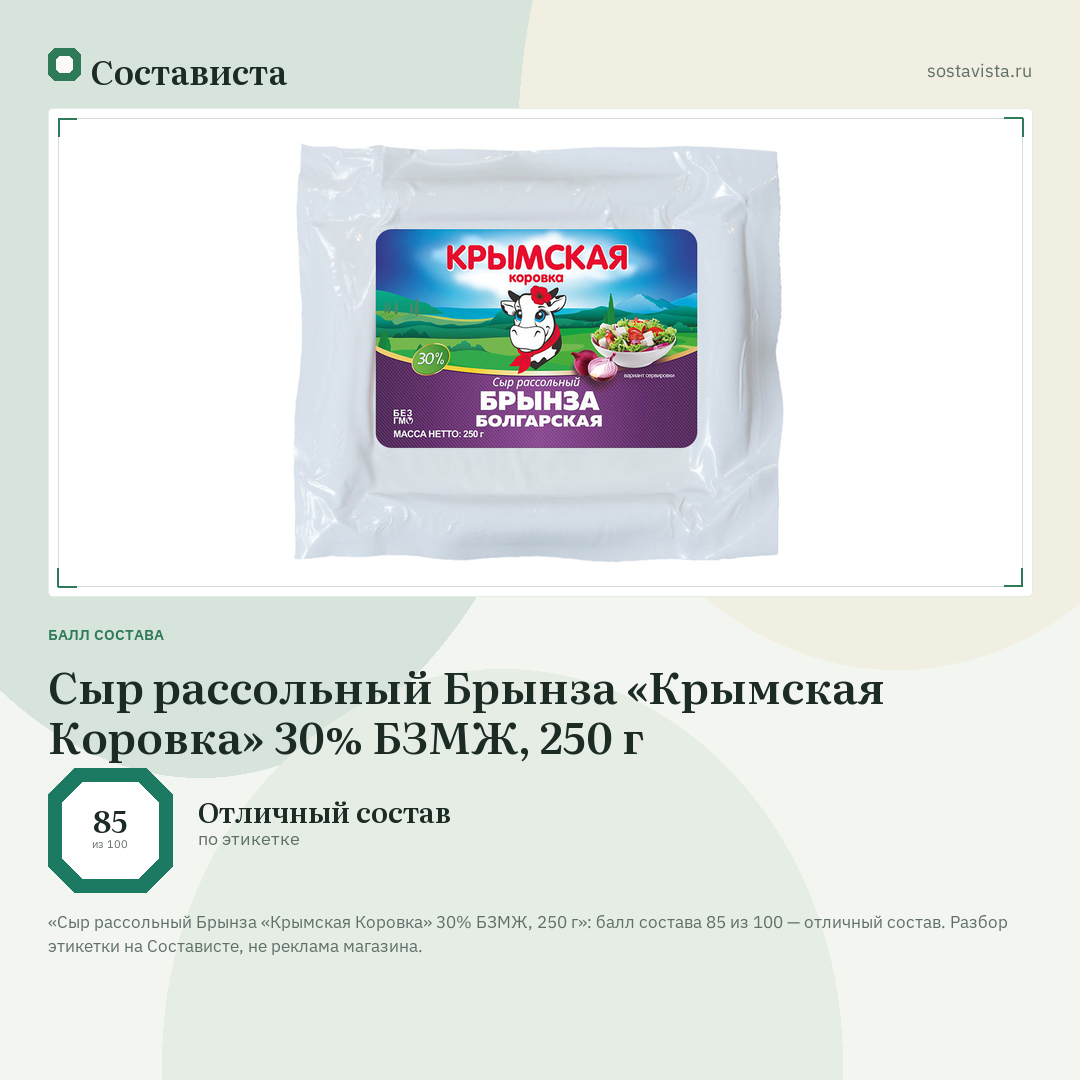 Сыр рассольный Брынза «Крымская Коровка» 30% БЗМЖ, 250 г: балл состава 85 из 100 — Состависта